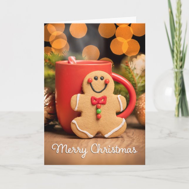 Merry Christmas Gingerbread Man and Hot Chocolate  Holiday Card (Front)