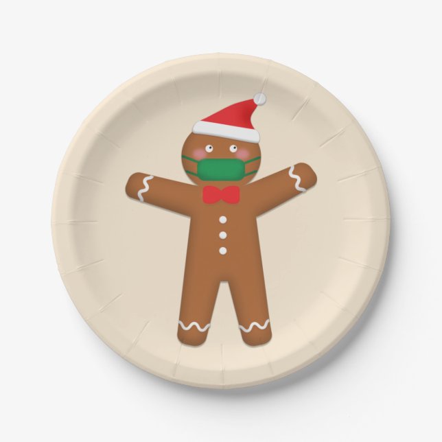 Merry Christmas Gingerbread Man in Face Mask 2020 Paper Plates (Front)
