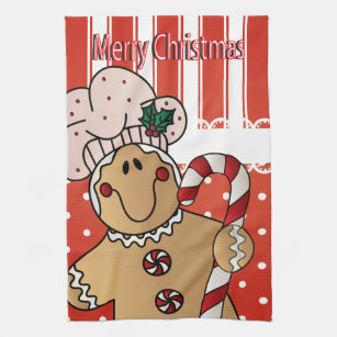 Gingerbread Man Cannon Dish Towels Yellow Fringed Reversible 100