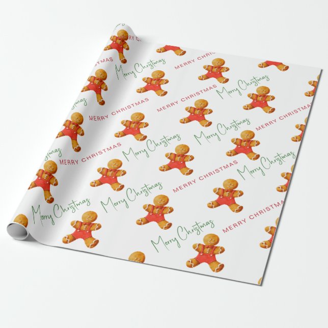 Merry Christmas Gingerbread Man Pattern Script Wrapping Paper (Unrolled)