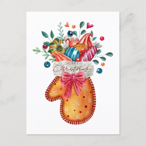 Merry Christmas Gingerbread Mitten with Candy  Holiday Postcard