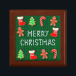 Merry Christmas Gingerbread Ornaments on Green Gift Box<br><div class="desc">A knitted effect background with ornaments and decorations,  gingerbread men,  candy canes,  stockings and decorated trees with the words Merry Christmas that looks like knitting stitches.</div>