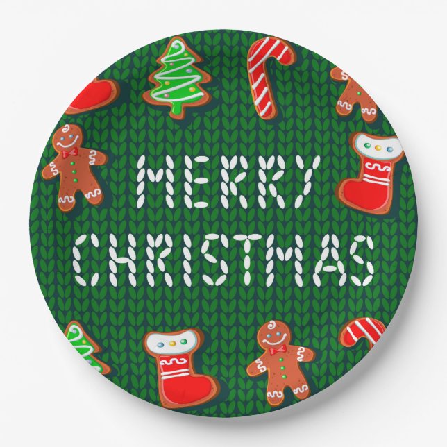 Merry Christmas Gingerbread Ornaments on Green Paper Plates (Front)