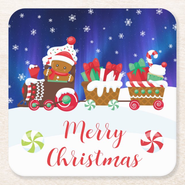 Merry Christmas – Gingerbread Train Square Paper Coaster (Front)