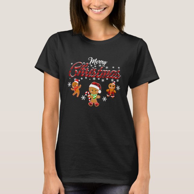 Merry Christmas Gingerbread Xmas Red Plaid Cookie  T-Shirt (Front)