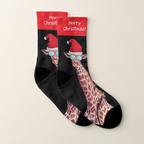 Merry Christmas Giraffe With Santa Hat Fun Black Socks