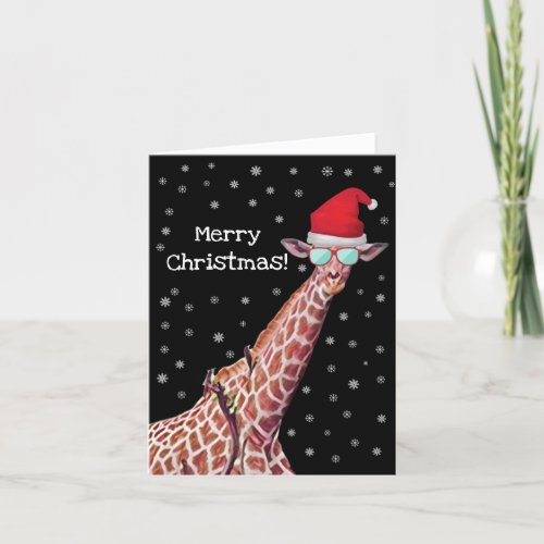 Merry Christmas Giraffe with Santa Hat Snowflakes Holiday Card