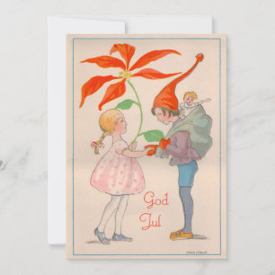 Merry Christmas, girl and elf, old Swedish vintage Holiday Card
