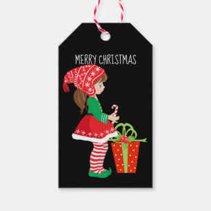Merry Christmas Girl Elf and Christmas Package Gift Tags