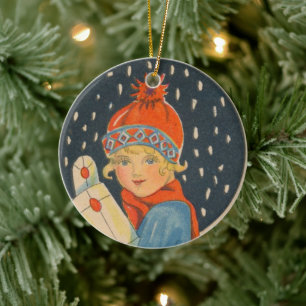 Merry Christmas - girl, old Swedish vintage Ceramic Ornament