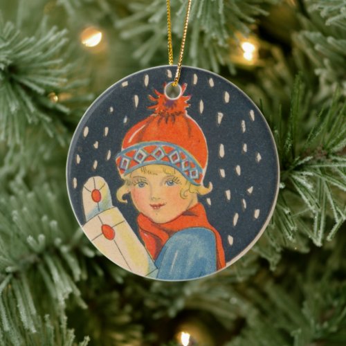 Merry Christmas _ girl old Swedish vintage Ceramic Ornament