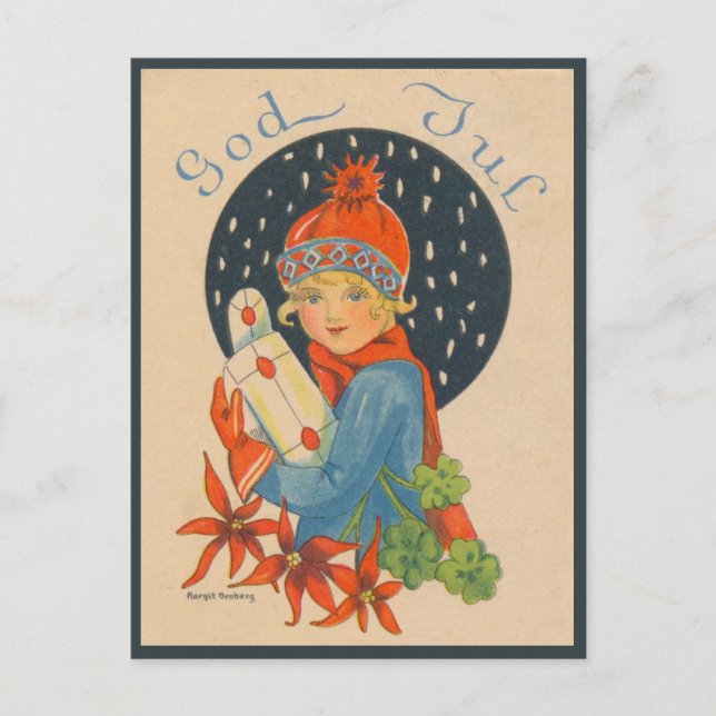 Merry Christmas - girl, old Swedish vintage Postcard (Front)