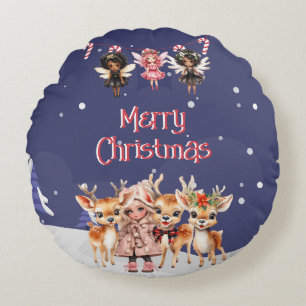 Merry Christmas Girl Reindeer Candy Cane Fairies Round Pillow