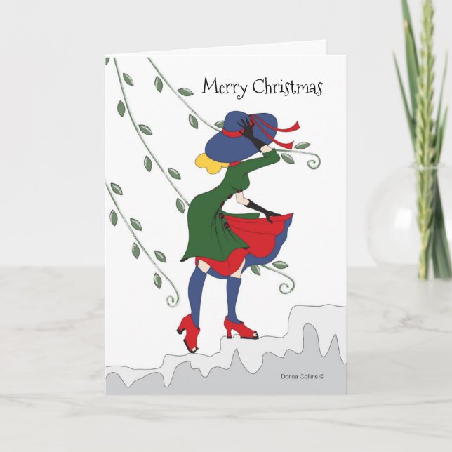 Merry Christmas Girl walking up snowy steps Card (Front)