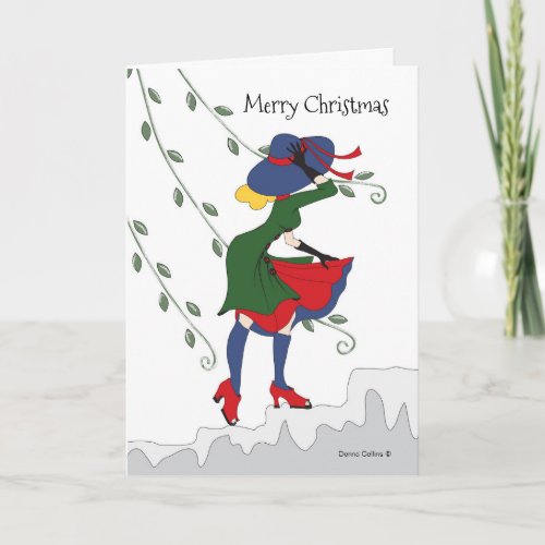 Merry Christmas Girl walking up snowy steps Card