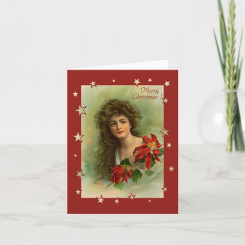 Merry Christmas Girl with poinsettia Card