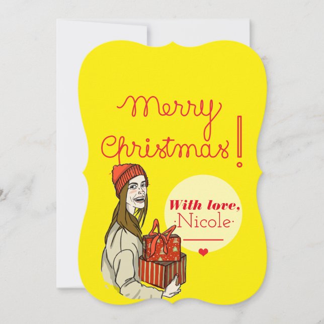 Merry Christmas girl with presents yellow Holiday  Card (Front)