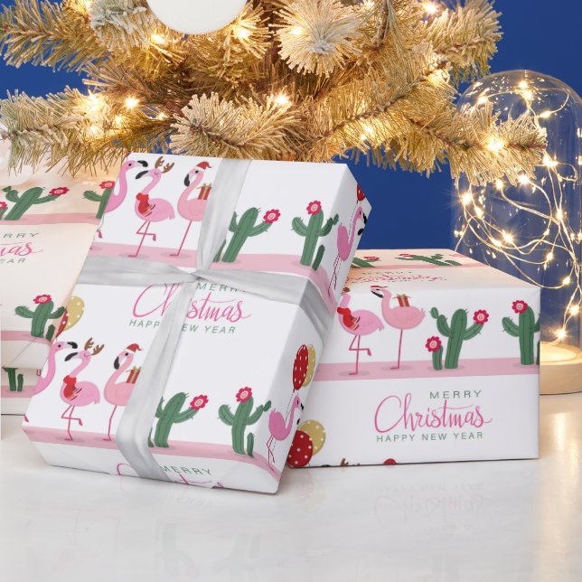Merry Christmas Girly Cute Pink Flamingo Cactus Wrapping Paper (Holidays)