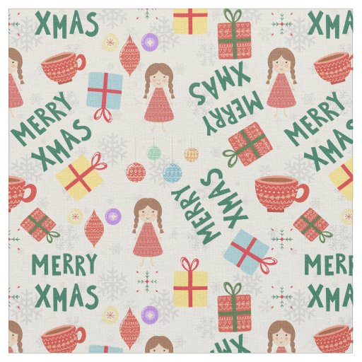 Merry Christmas girly red green pattern for her Fabric