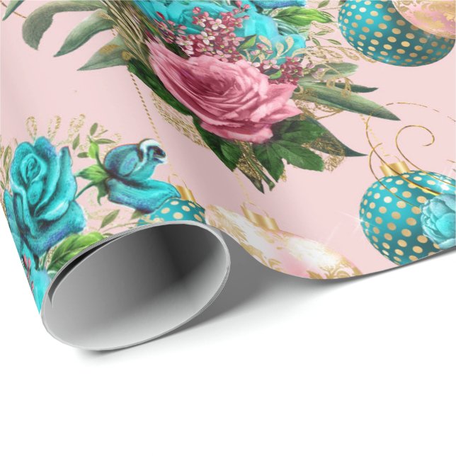 Merry Christmas Glitter Bauble Gold Pink Rose Blue Wrapping Paper (Roll Corner)