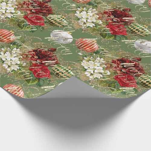 Merry Christmas Glitter Bauble Gold Red Rose Green Wrapping Paper