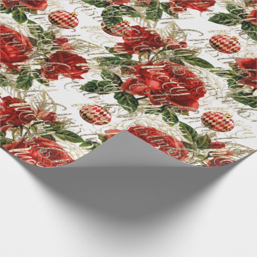 Merry Christmas Glitter Baubles  Gold Red Roses Wrapping Paper