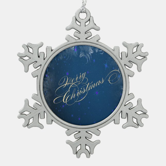Merry Christmas, Glitter,Blue Snowflake Pewter Christmas Ornament (Front)