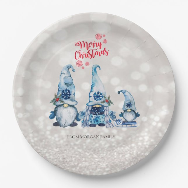 Merry Christmas,Glitter Bokeh,Cute Blue Gnomes  Paper Plates (Front)