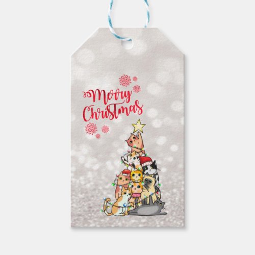Merry ChristmasGlitter BokehCute Cats Pine Tree Gift Tags