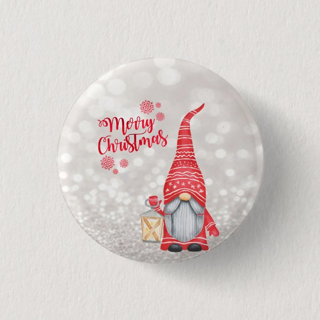 Merry Christmas,Glitter Bokeh,Cute Gnome   Button (Front)
