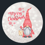 Merry Christmas,Glitter Bokeh,Cute Gnome   Classic Round Sticker<br><div class="desc">Adorable cute gnome on glittery bokeh background.</div>
