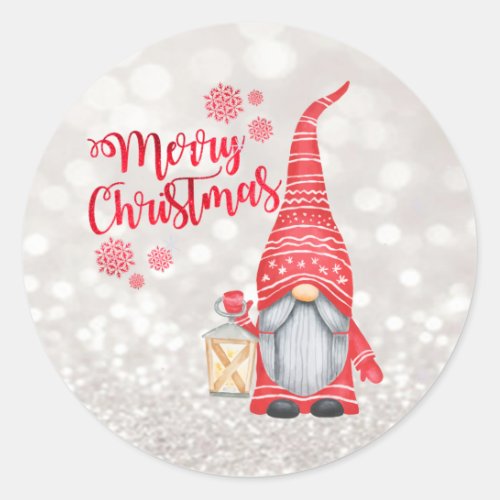 Merry ChristmasGlitter BokehCute Gnome   Classic Round Sticker
