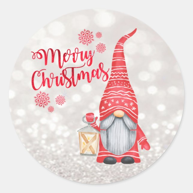 Merry Christmas,Glitter Bokeh,Cute Gnome   Classic Round Sticker (Front)