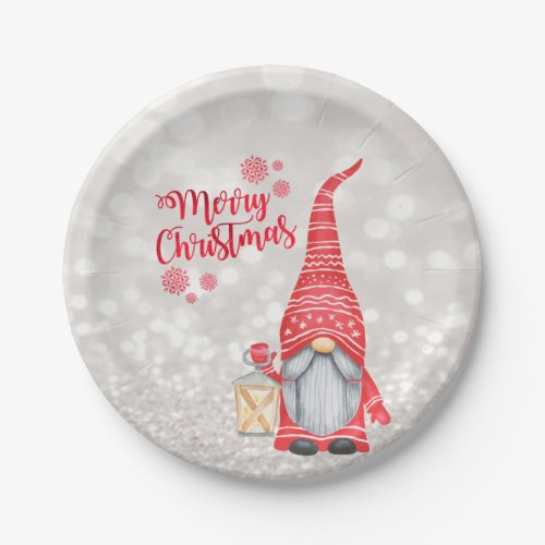 Merry ChristmasGlitter BokehCute Gnome  Paper Plates