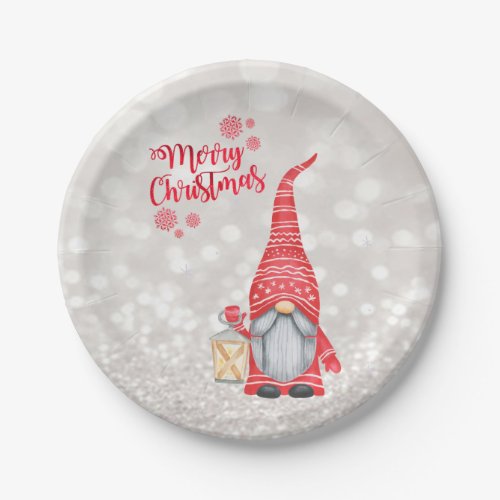 Merry ChristmasGlitter BokehCute Gnome   Paper Plates