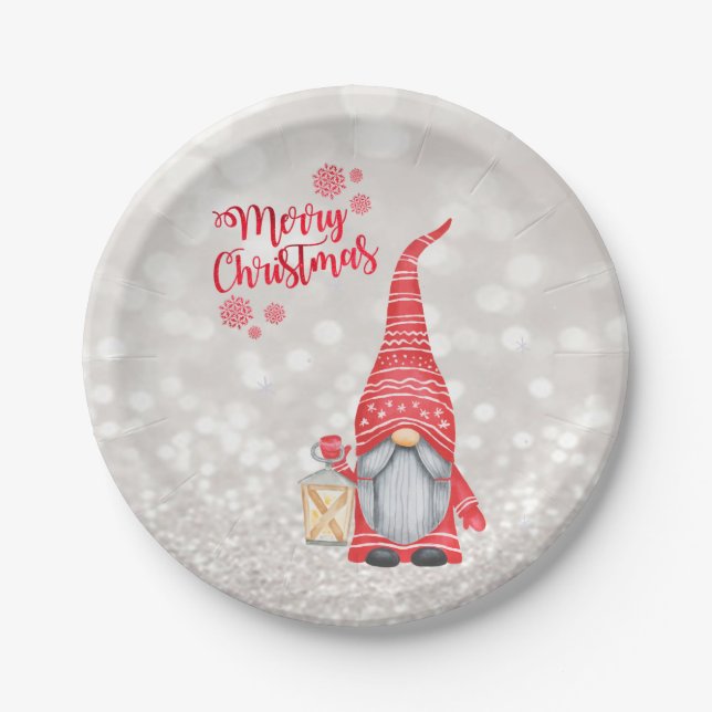 Merry Christmas,Glitter Bokeh,Cute Gnome   Paper Plates (Front)