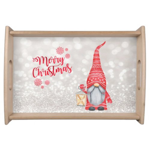 Merry ChristmasGlitter BokehCute Gnome  Serving Tray