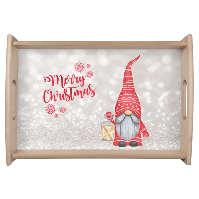 Merry Christmas,Glitter Bokeh,Cute Gnome  Serving Tray (Front)