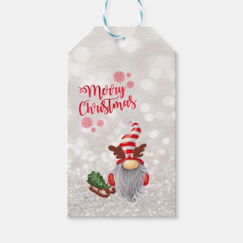Merry ChristmasGlitter BokehCute Gnome Sleigh Gift Tags