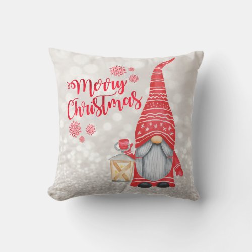 Merry ChristmasGlitter BokehCute Gnome  Throw Pillow