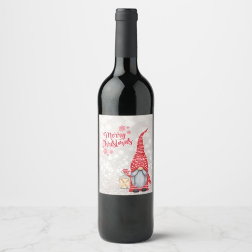 Merry ChristmasGlitter BokehCute Gnome  Wine Label
