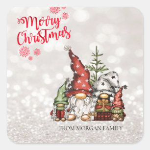 Merry Christmas,Glitter Bokeh,Cute Gnomes Family Square Sticker
