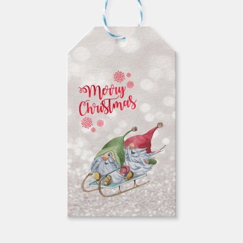 Merry ChristmasGlitter BokehCute Gnomes Sleigh Gift Tags