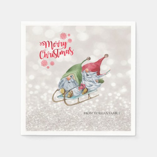 Merry ChristmasGlitter BokehCute Gnomes Sleigh   Napkins