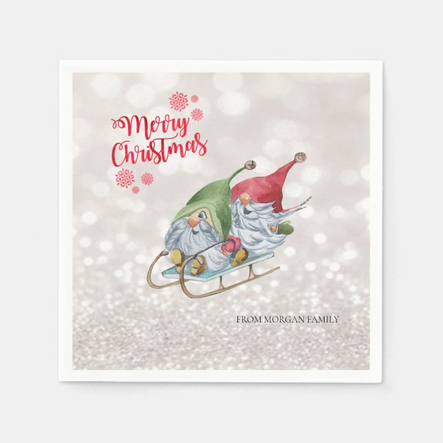Merry Christmas,Glitter Bokeh,Cute Gnomes Sleigh   Napkins (Front)
