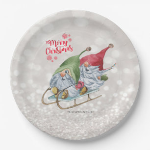 Merry Christmas,Glitter Bokeh,Cute Gnomes Sleigh Paper Plates