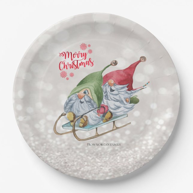 Merry Christmas,Glitter Bokeh,Cute Gnomes Sleigh  Paper Plates (Front)