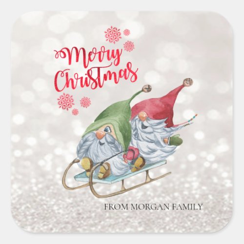 Merry ChristmasGlitter BokehCute Gnomes Sleigh Square Sticker