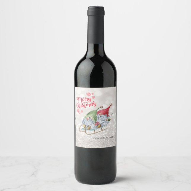 Merry Christmas,Glitter Bokeh,Cute Gnomes Sleigh  Wine Label (Front)
