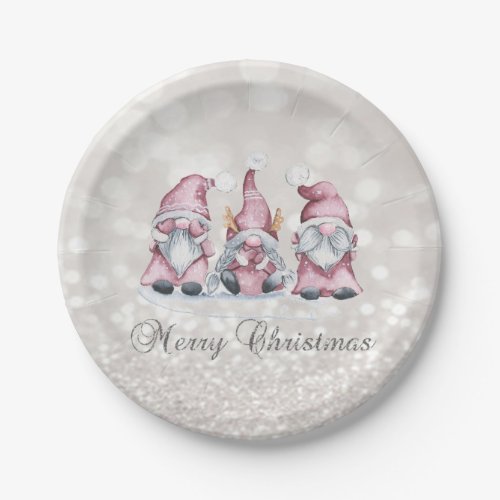 Merry ChristmasGlitter BokehCute Pink Gnomes  Paper Plates